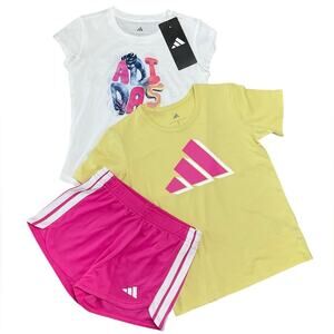 Adidas Girl’s T-Shirt Shorts Set Yellow Pink Size 5 NWT